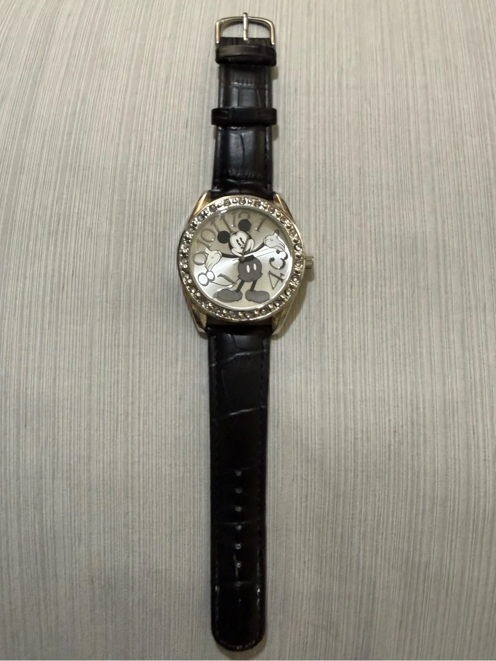 Accutime Disney Mickey Mouse Crystal-Accented Bezel & Black Leather Strap